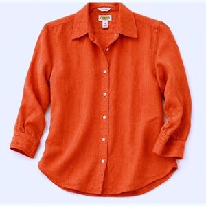 Talbots Orange 100% Irish Linen Pintuck 3/4 Sleeve Button Down Shirt S Preppy